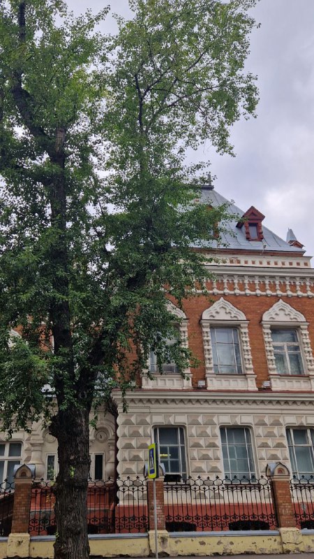 Фасад терема в целом: красный кирпич, белые рустованные вставки, высокие окна и взрослая берёза у ограды на Малой Грузинской, 15, где размещался музей Щукина.