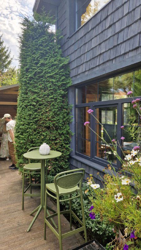 Вид на стеклянные окна кафе, у витрины расставлены зелёные табуреты и растения, через стекла видно внутреннюю барную зону и сад снаружи.