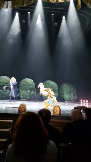 Сцена с интенсивной световой партией: лучи прожекторов, артисты в движении, внизу силуэты зрителей в зрительном зале.