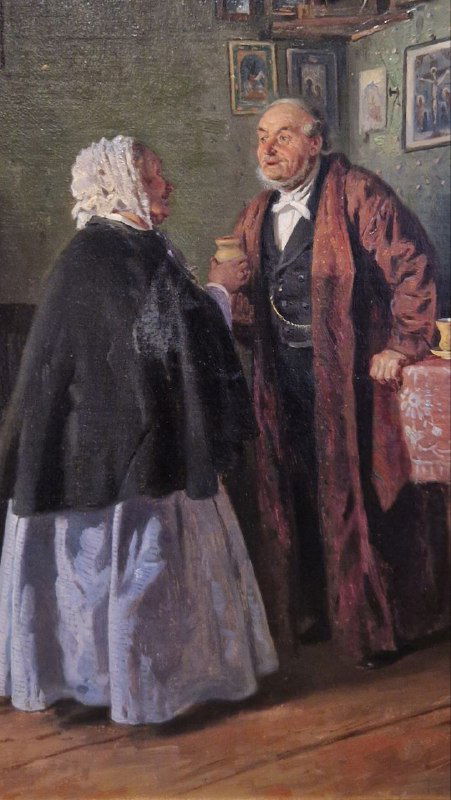 Картина бытовой сцены в экспозиции Усадьбы Мараевых: пожилые мужчина и женщина в разговоре, реалистичная манера и детализация, фрагмент коллекции Серпухова.