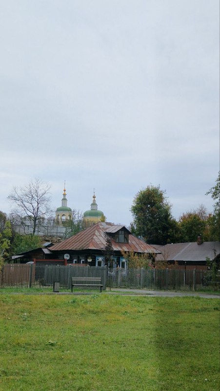 Панорама низкой застройки с домами и куполами монастыря на заднем плане в Серпухове, подчёркивающая провинциальный городской ландшафт.