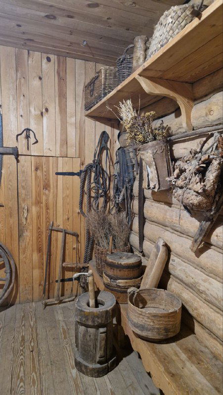 Интерьер хозяйственной избы с деревянными ступами, кухонной утварью и ремесленными инструментами на стенах — экспонат быта.