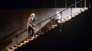 Два актёра поднимаются по длинной лестнице на сцене: игра света и тени подчёркивает напряжённость и драматизм эпизода постановки.