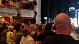 Зрительный зал во время поклона: публика стоит и аплодирует, видны балконы и часть сцены с экранами, аншлаг в помещении.