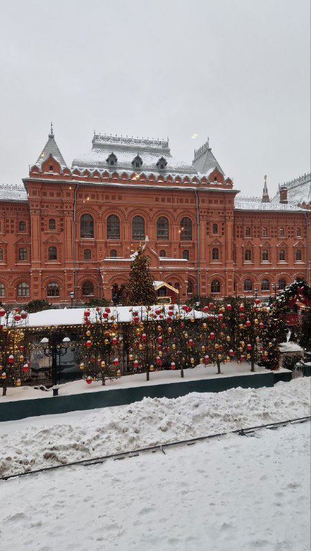 Вид из окна Peshi на украшенную праздничной иллюминацией Площадь Революции и исторические здания в зимней погоде с лёгким снегом.