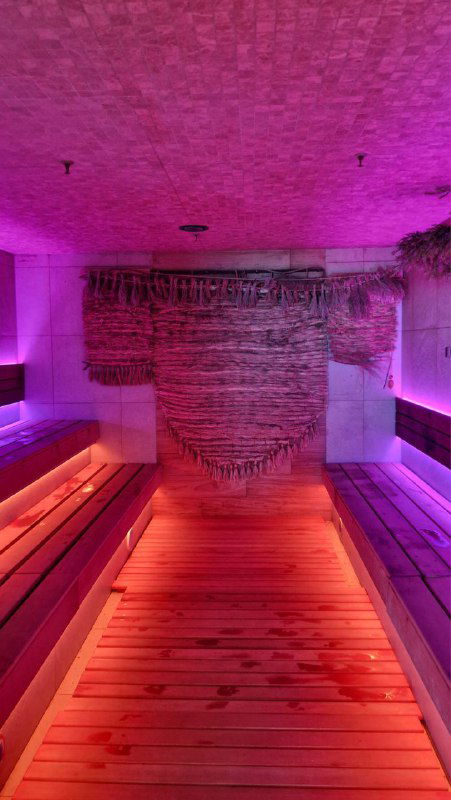 Интерьер парной в GREMM с разноцветной подсветкой: деревянные полки и лежаки, ступеньки и мягкий приглушённый свет для релаксации.