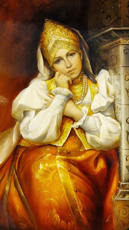 Живописный портрет и музейный экспонат в интерьере выставочного зала, часть постоянной экспозиции живописи и декоративного искусства.