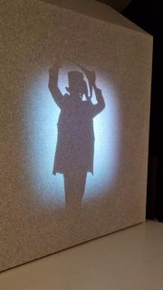 Проекция тени фигуры на светлой стене экспозиции, инсталляция света и образа в зале выставки «Под маской» в Музее русского импрессионизма.