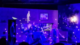 Эпизод со световыми проекциями и свечением точек на фоне — сценические эффекты и визуальные вставки в спектакле.