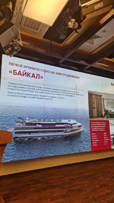 Слайд с изображением теплохода и подписью про маршрут «Байкал», кадр презентации маршрутов на экране во время пресс‑завтрака.