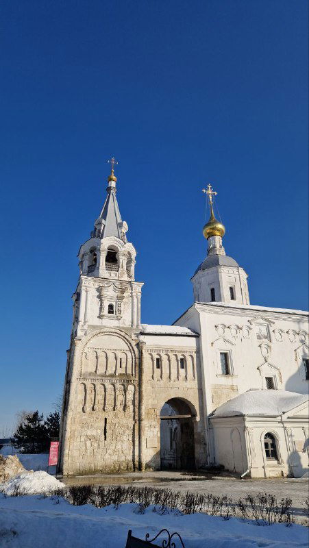 Вид на Богородице-Рождественский собор и колокольню в солнечный зимний день: белые стены, башня и заснеженный двор вокруг храма.