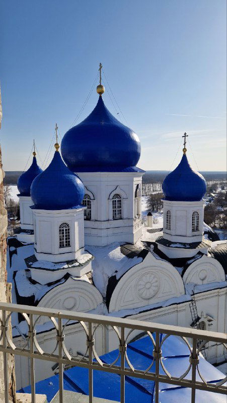 Съёмка с колокольни: синие луковичные купола с золочёными крестами, белые барабаны и отдалённый зимний ландшафт вокруг монастыря.