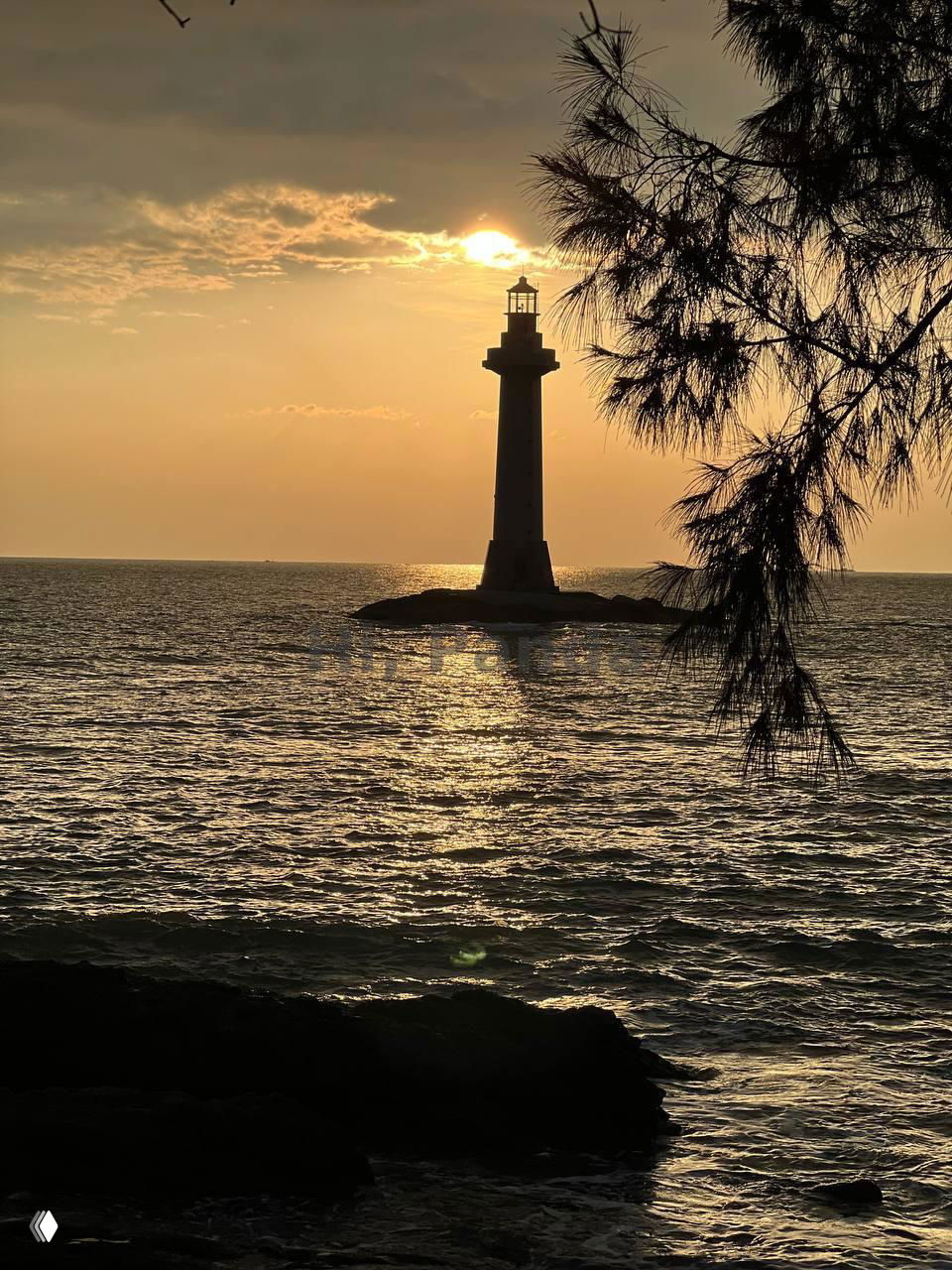 Маяк на море в золотом свете заката, силуэт и отражение на воде, кадр с прибрежными деревьями в обрамлении композиции.