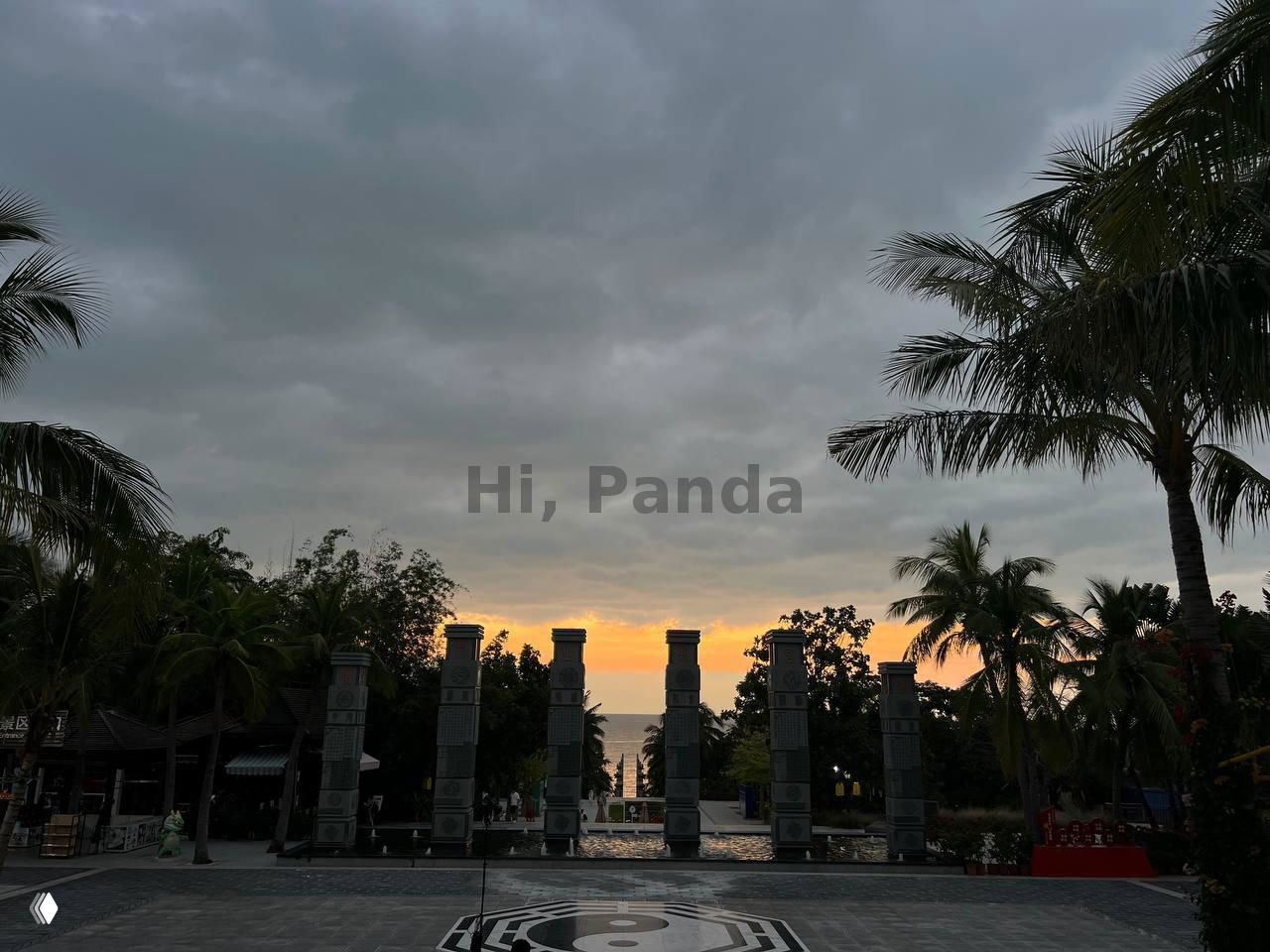 Площадь с колоннами и символикой инь-янь в центре, на переднем плане тропические растения и небо с закатными цветами — вид из парка.
