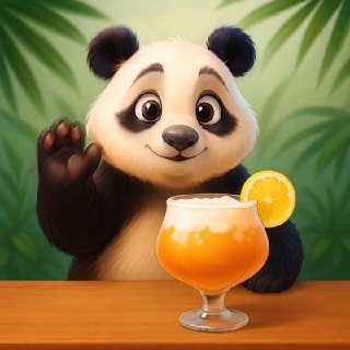 Милый панда-талисман с напитком на фоне тропических листьев — иллюстрация канала о Хайнане и советах по бронированию.