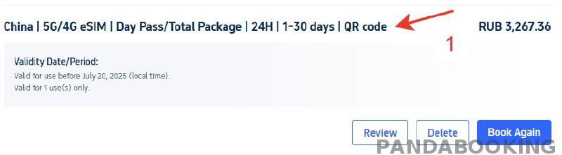 Скриншот строки заказа с ценой и описанием пакета eSIM на Trip.com, показывающий детали покупки и цену в рублях.