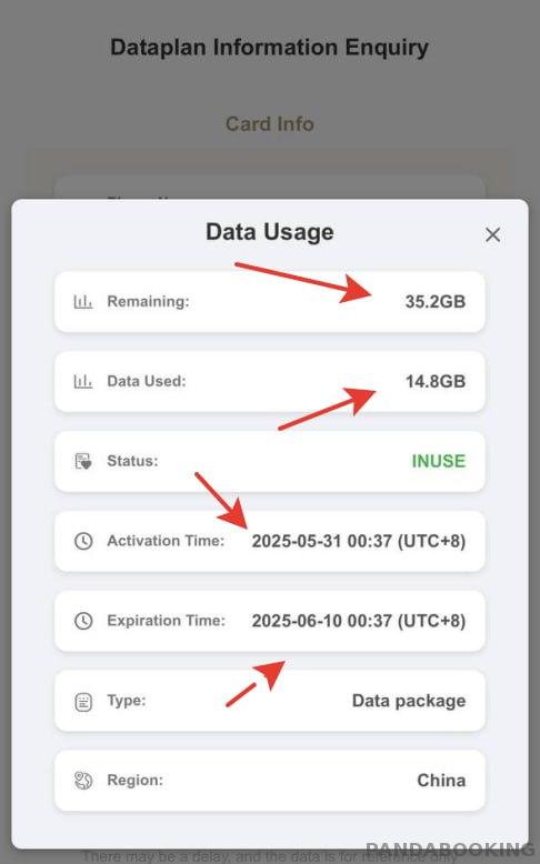 Скриншот окна Data Usage с полями Remaining, Data Used, Status, Activation Time и Expiration Time — экран показывает оставшийся трафик и даты активации/истечения.