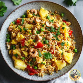 Тарелка с рисом, кусочками ананаса, орешками и зеленью — красочное азиатское блюдо, иллюстрация к советам о еде.