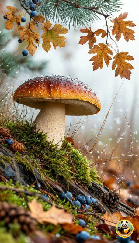 Обои: крупный гриб на мху и осенних листьях с каплями росы — атмосферный вертикальный кадр в осенней палитре.