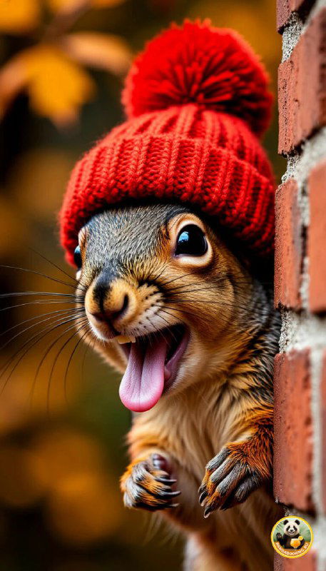 Обои: белка в яркой красной шапке, радостное выражение и осенний фон — милое осеннее изображение для телефона.