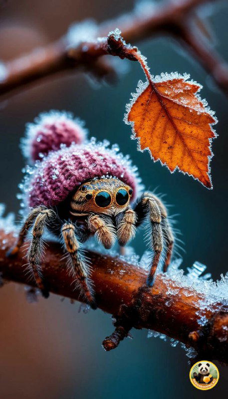 Обои: маленький паук в вязаной шапочке на замёрзшей ветке с листвой — необычный и сказочный осенний мотив.