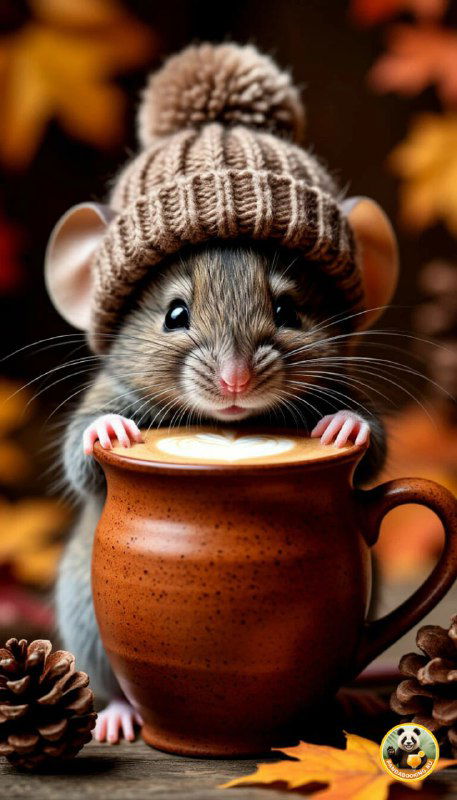 Обои: мышонок в тёплой шапке держит чайную кружку на фоне шишек и осенних листьев — уютное изображение для экрана.