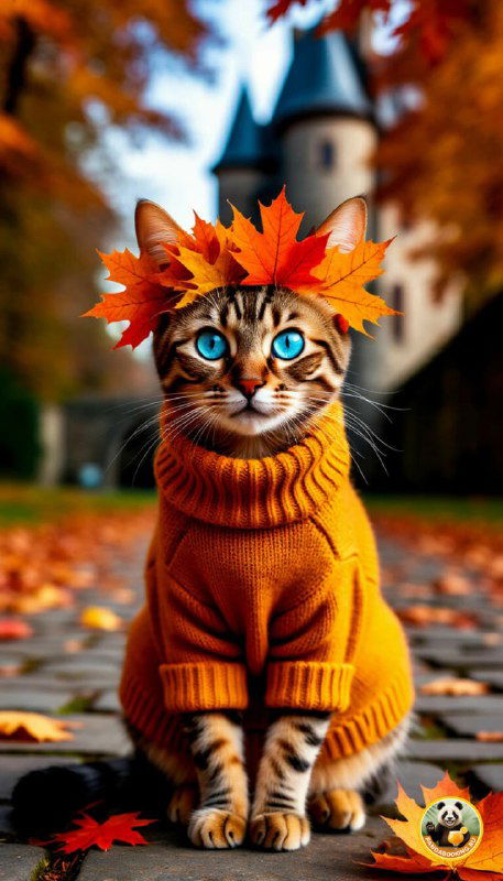Обои: кот в тёплом свитере на фоне осеннего парка с опавшими листьями — милый сезонный портрет для мобильного фона.