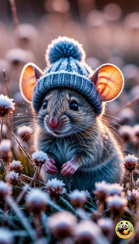 Обои: маленький мышонок в синей вязаной шапочке на морозном фоне с узором инея — тёплые осенние образы для телефона.