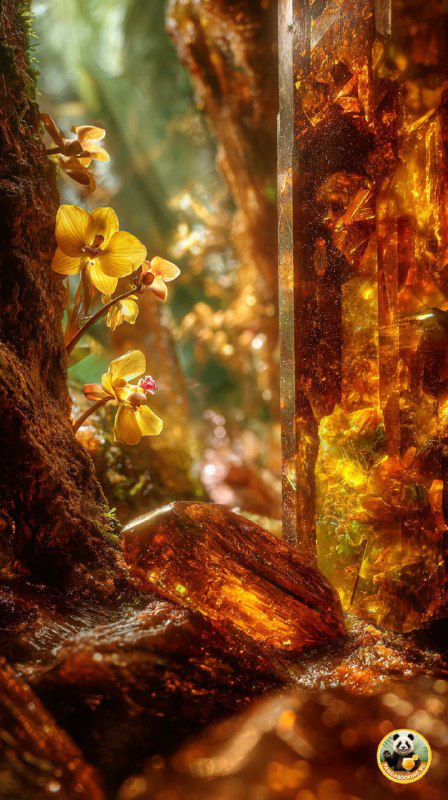 Вертикальные обои в тёплых тонах: сказочный лес с цветущими орхидеями и лучами солнца, детализированная макросъёмка деревьев и мха, атмосферная осенняя палитра для смартфона.