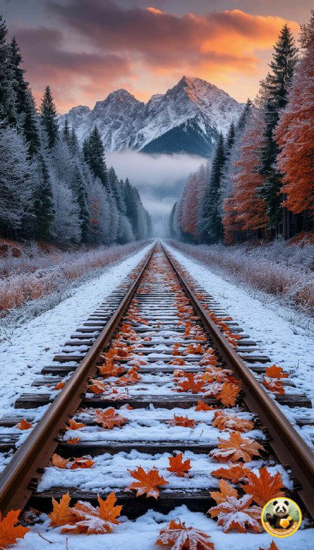 Вертикальные обои: железная дорога, покрытая снежными рельсами и осенними листьями, ведущая к горам на горизонте при закате, контраст холодных и тёплых оттенков.