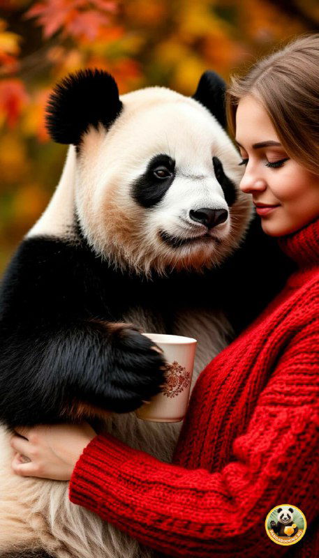 Вертикальные обои с милым сюжетом: большая панда рядом с женщиной в красном свитере держит чашку, тёплая осенняя сцена с мягким боке и красочными листьями.
