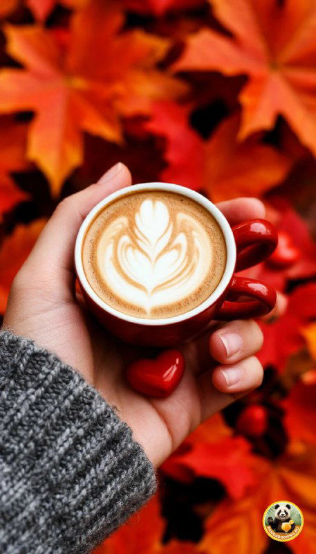 Вертикальные обои: кофейная чашка в руках на фоне осенних листьев, теплые тона, стильная постановка для уютного мобильного фона с акцентом на текстуру и цвет.