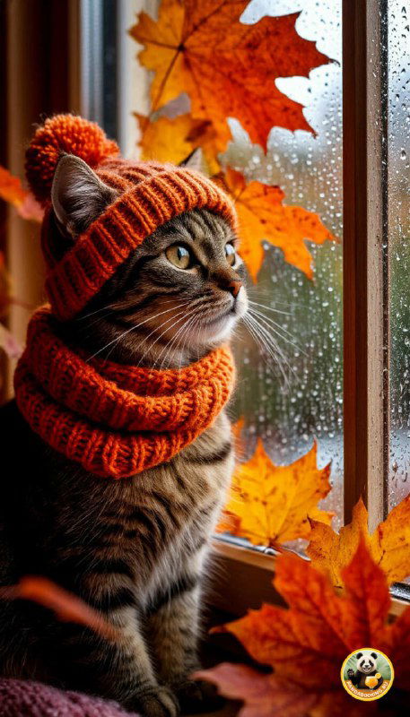 Вертикальные обои: домашний кот в тёплом шарфе у окна, за окном падают осенние листья, уютная интерьерная сцена с мягким светом и спокойной атмосферой для телефона.