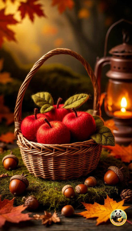 Вертикальные обои: корзина с яблоками и кленовыми листьями, натюрморт в тёплой осенней гамме, уютный деревенский мотив для экранов смартфонов и сезонного оформления.