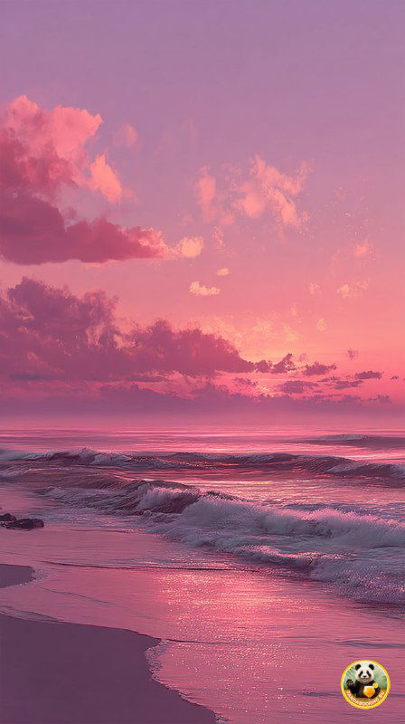 Вертикальный розово-фиолетовый закат над морем; спокойная вода, легкие облака и пастельная гамма для нежного фонового изображения.