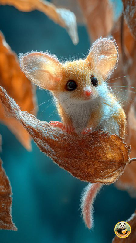 Милый маленький зверёк с большими ушами, спрятанный в осеннем листе; сказочный и иллюстративный стиль, подходящий для детского фона.