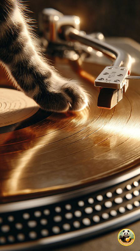 Крупный план винилового проигрывателя с лапкой кота; тёплые коричневые тона и ностальгическая атмосфера для стильного обоя.