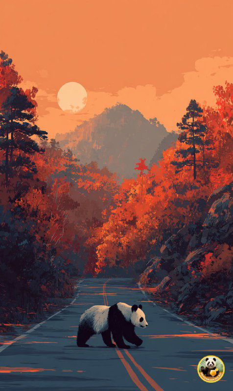 Панда на лесной дороге среди красно-оранжевых деревьев; спокойная осенняя сцена с мягкой иллюстративной обработкой.