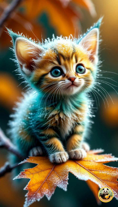 Котёнок с выразительными глазами сидит на осеннем листе; яркие контрастные тона и детальная текстура для привлекательного фона.