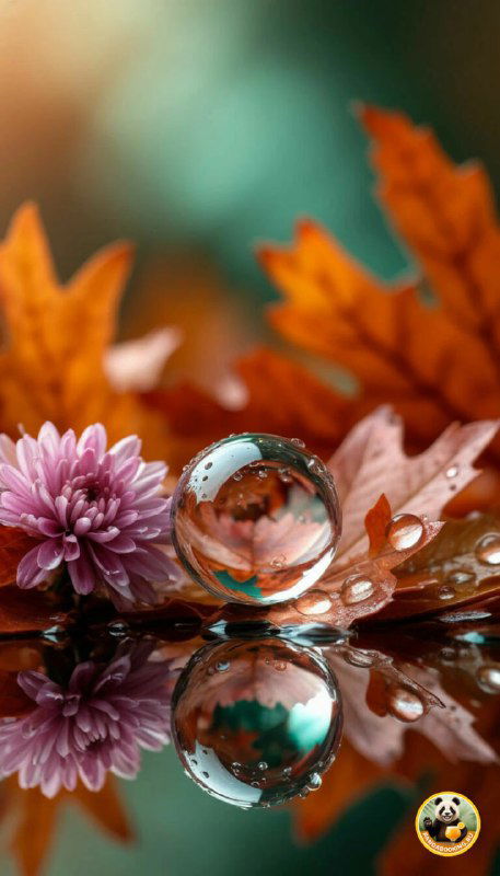 Капля воды на поверхности с отражением осенних листьев и цветов; художественный макро-кадр с тёплой палитрой для стильных обоев.