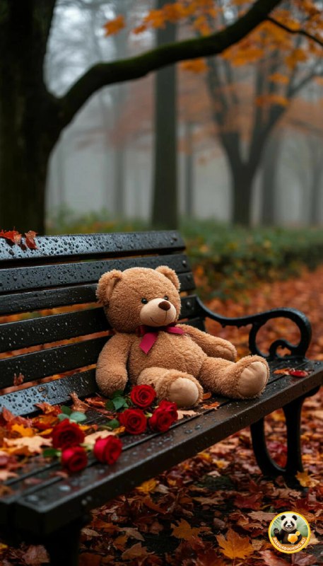 Плюшевый медвежонок, сидящий на скамейке в парке среди листьев и роз — ностальгический тёплый снимок в вертикальном формате.