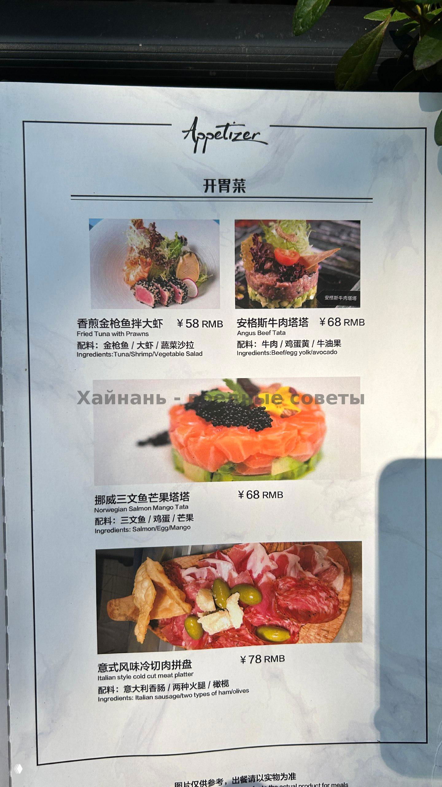 Страница меню с разделом Appetizer и фотографиями закусок: тар-тар из лосося, ассорти мясных закусок и цены в юанях, русские и английские подписи.