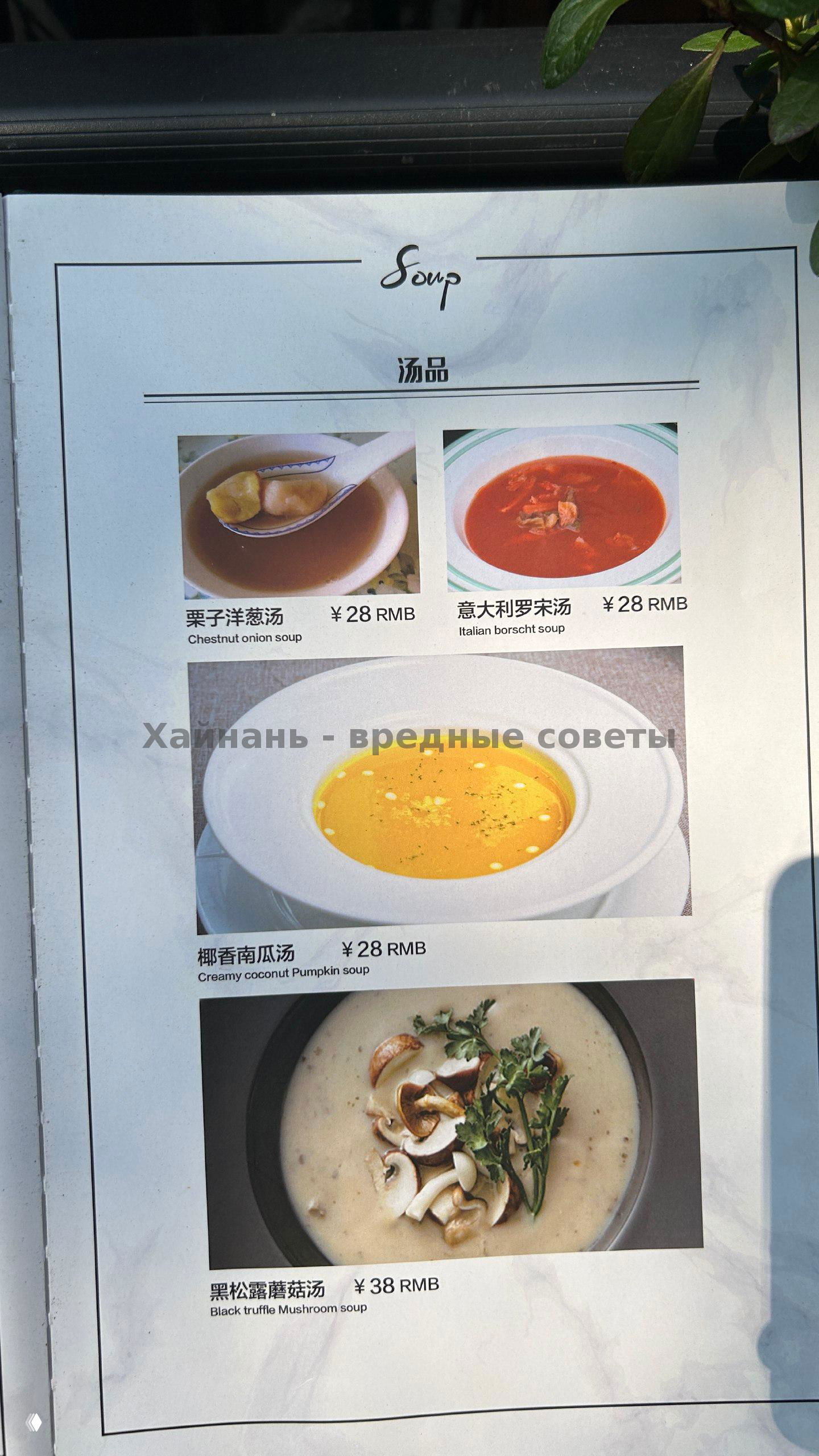 Страница меню с разделом Soup: изображения разных супов, включая кремовый тыквенный и грибной суп с трюфелем, подписи и цена ¥28–¥38.