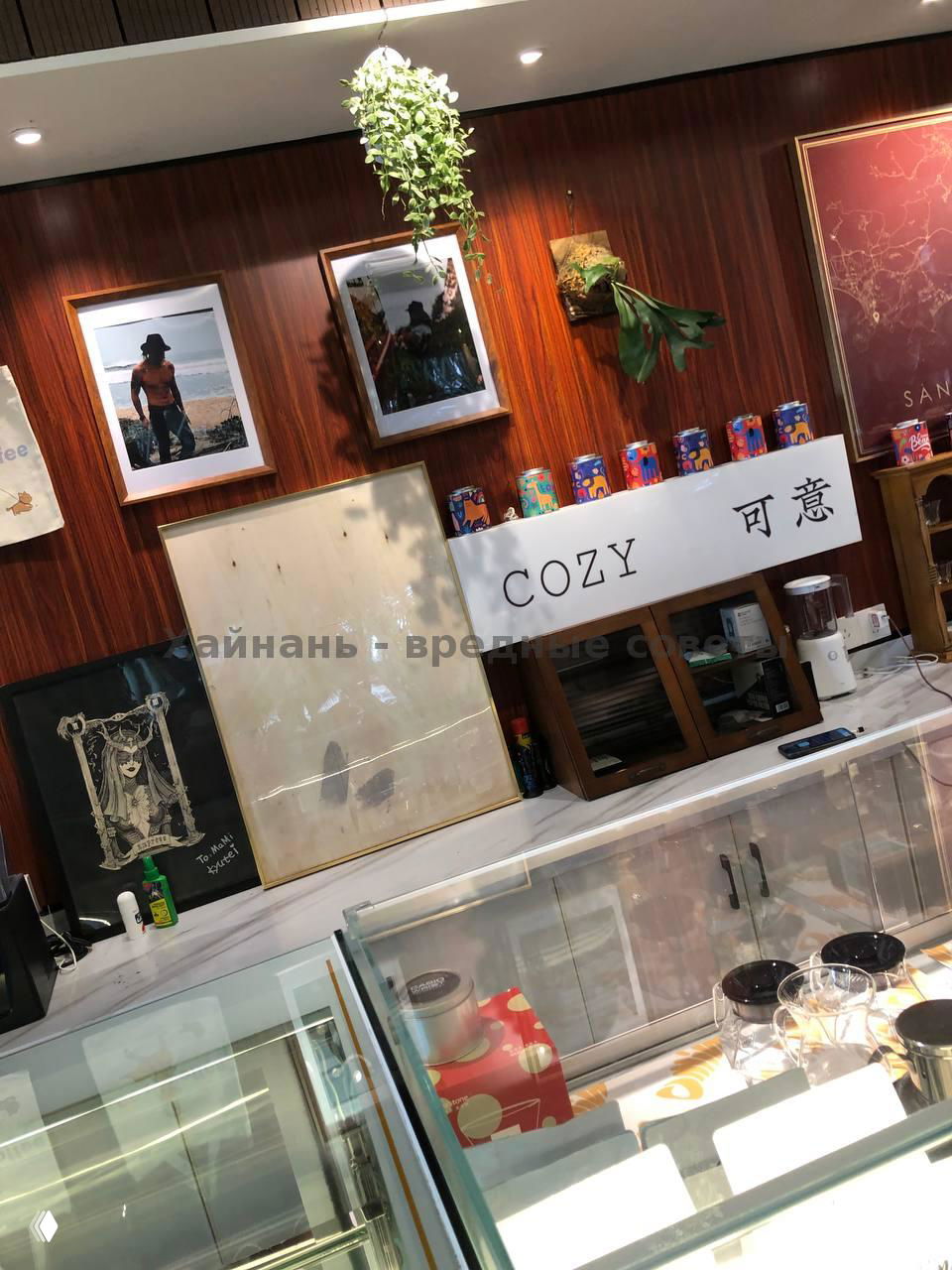 Интерьер Cozy Coffee: деревянные стены, декоративные баночки и табличка с логотипом COZY, вид на рабочую зону и элементы оформления в Санье.