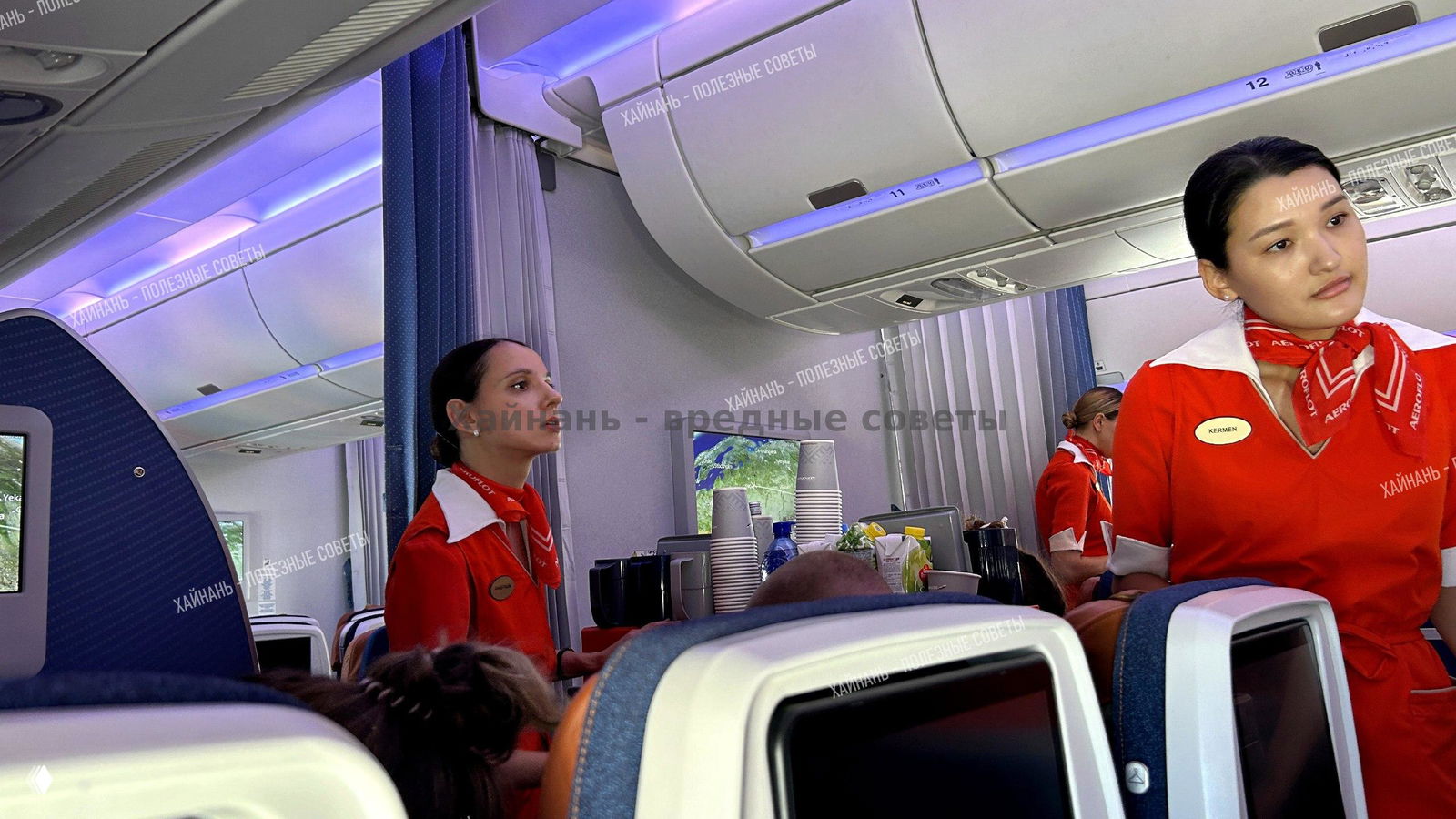 Кабина эконом‑класса во время обслуживания: бортпроводницы в форме рядом с обслуживающей тележкой и пассажирами в креслах.