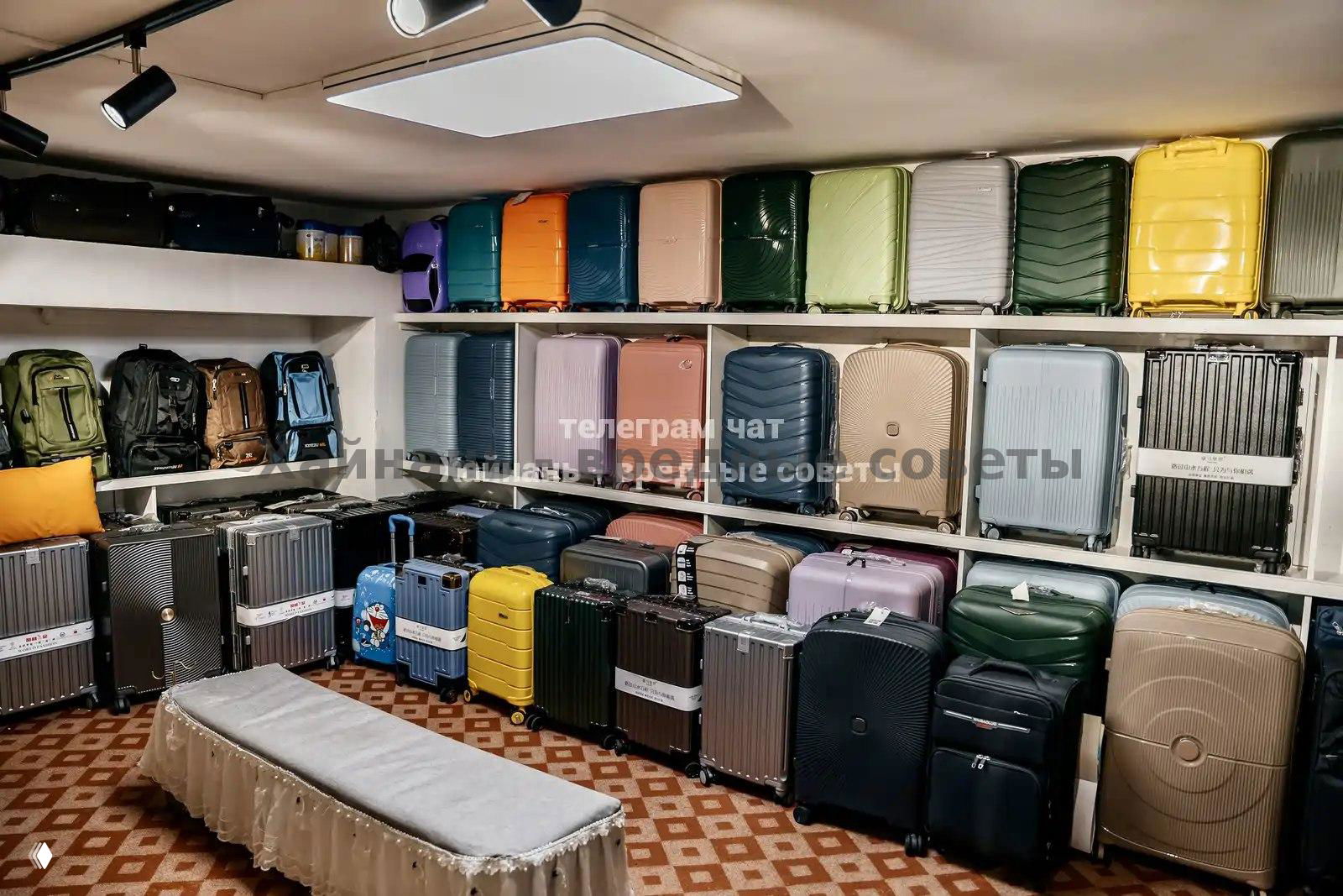 Отдел чемоданов и сумок: разноцветные чемоданы и рюкзаки выставлены на полках и на полу, большой выбор для путешественников.