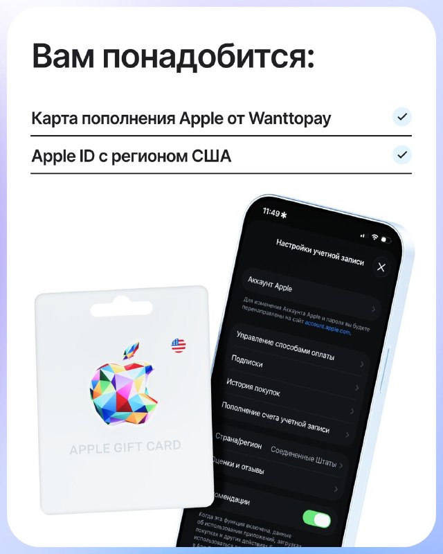 Слайд с перечнем: что потребуется — карта пополнения Apple или Wanttopay, Apple ID с регионом США и скрин экрана смартфона.