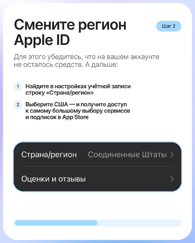 Слайд-инструкция по смене региона Apple ID: показано меню «Страна/регион — Соединенные Штаты» и элементы настроек App Store.