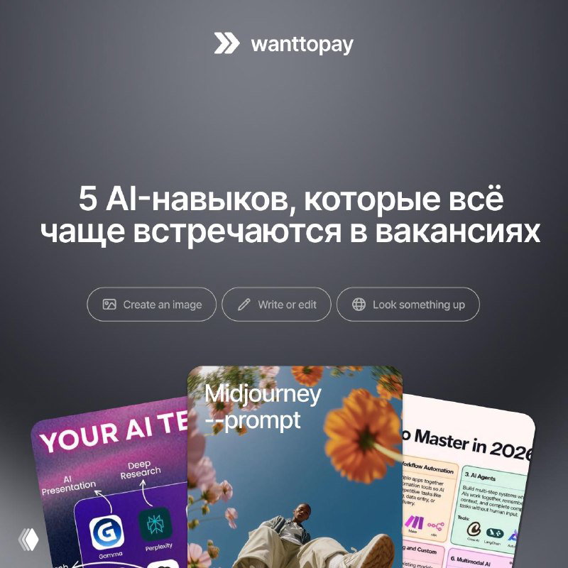 Коллаж-превью с карточками и элементами интерфейса Wanttopay: иллюстрация к посту о 5 AI-навыках и их месте в резюме и вакансиях.