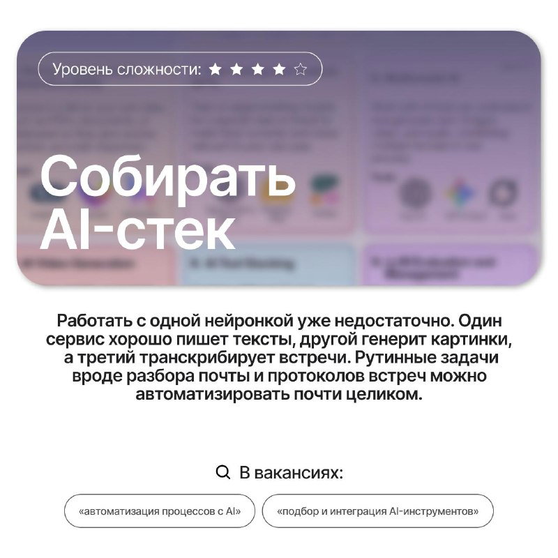 Слайд «Собирать AI-стек»: изображение с карточками и диаграммами, демонстрирующее комбинацию сервисов для автоматизации задач.
